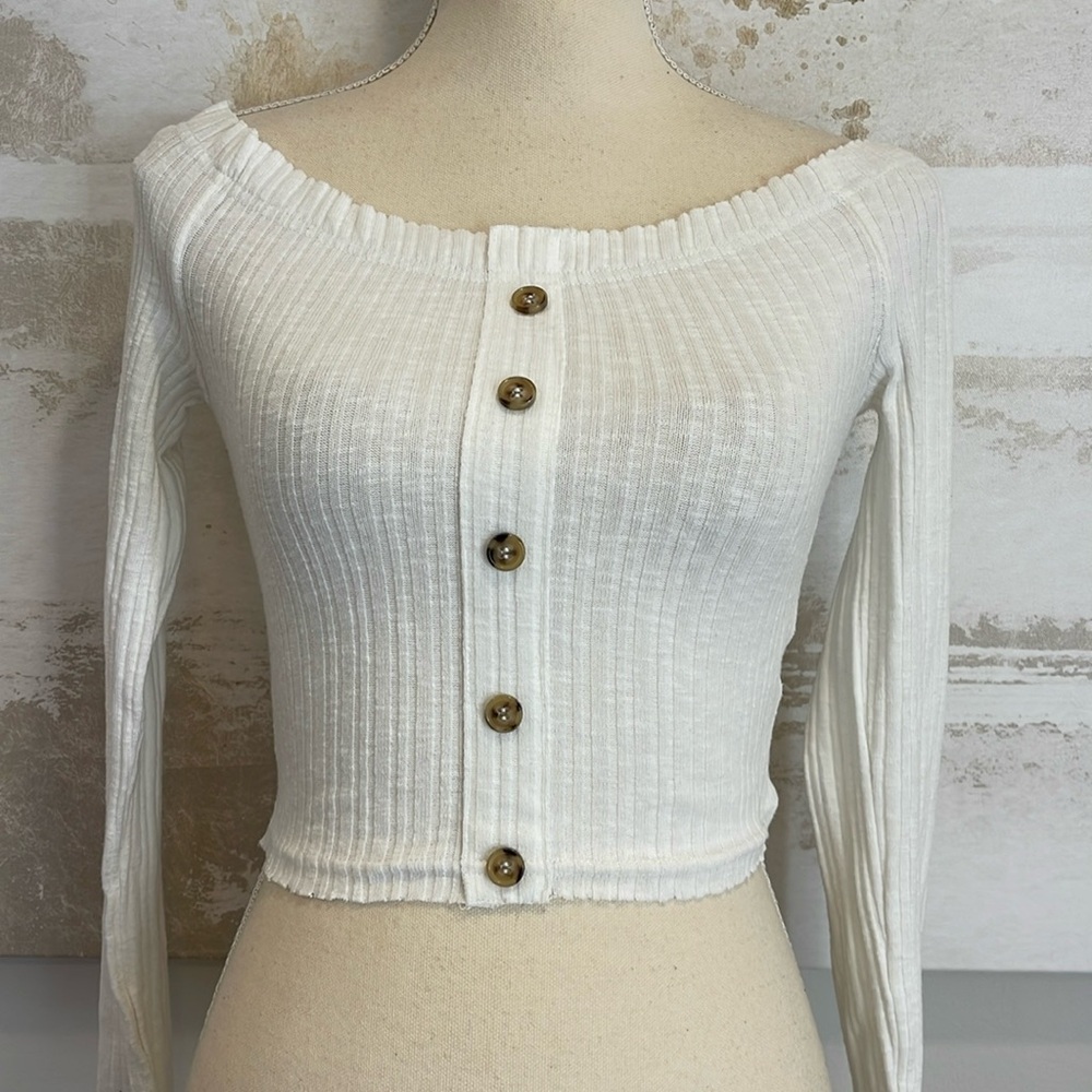 Cotton Candy White Ribbed Off-Shoulder Crop Top with Buttons